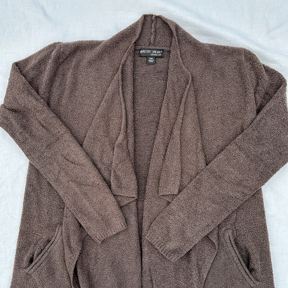 Barefoot Dreams Open Cardigan Small Medium Drapey Brown Pockets Flowy Cozy Soft